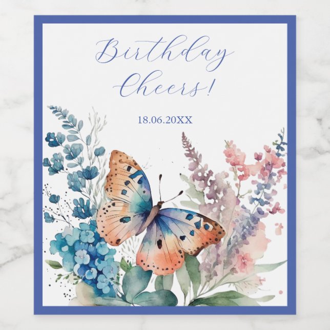 Romantic meadow flowers and butterfly wine label (Single Label)