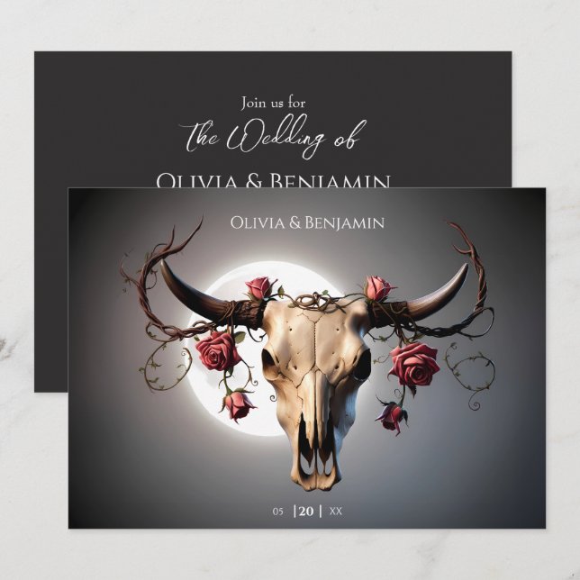 Romantic Medieval Floral Cow Skull Wedding Invitation (Front/Back)