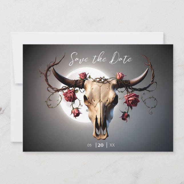 Romantic Medieval Floral Cow Skull Wedding Save The Date (Front)