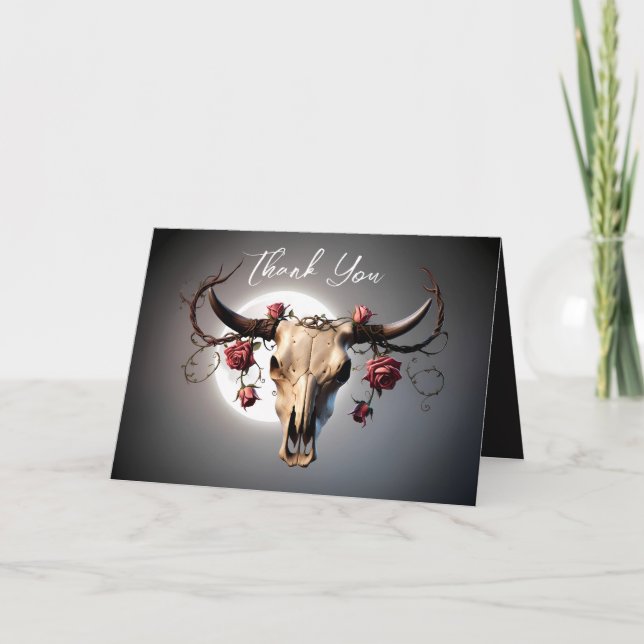 Romantic Medieval Floral Cow Skull Wedding Thank You Card (Front)
