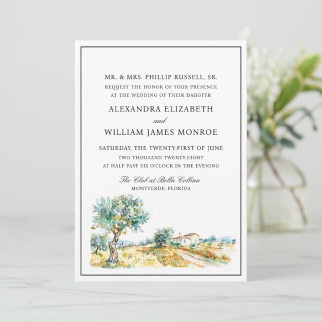 Romantic Mediterranean Watercolor Wedding  Invitation (Standing Front)