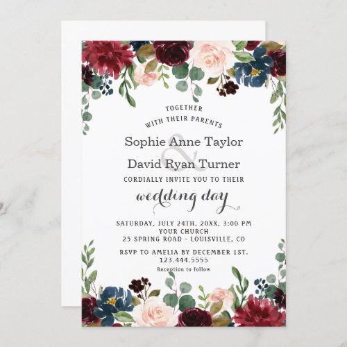 Romantic Merlot Navy Blue Blush Floral Wedding Invitation