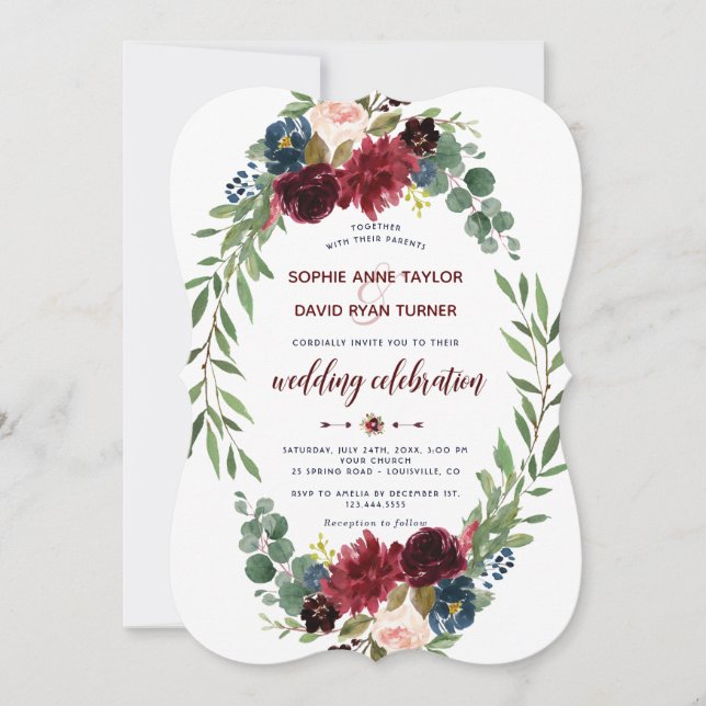 Romantic Merlot Navy Blue Floral Bloom Wedding Invitation (Front)
