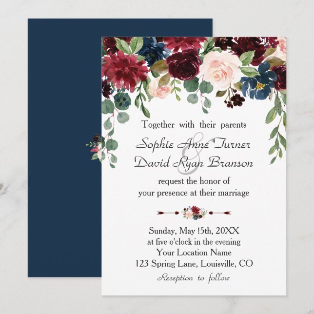 Romantic Merlot Navy Blue Floral Wedding Invitation (Front/Back)