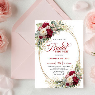 Romantic Merlot Roses Gold Bridal Shower Invites
