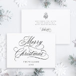 Romantic Merry Christmas Script Flat Holiday Card<br><div class="desc">This simple Christmas flat card features elegant and romantic swirly calligraphy lettering with a winter holly berry bouquet and custom text on the back. For more advanced customization of this design,  please click the BLUE DESIGN TOOL BUTTON above!</div>