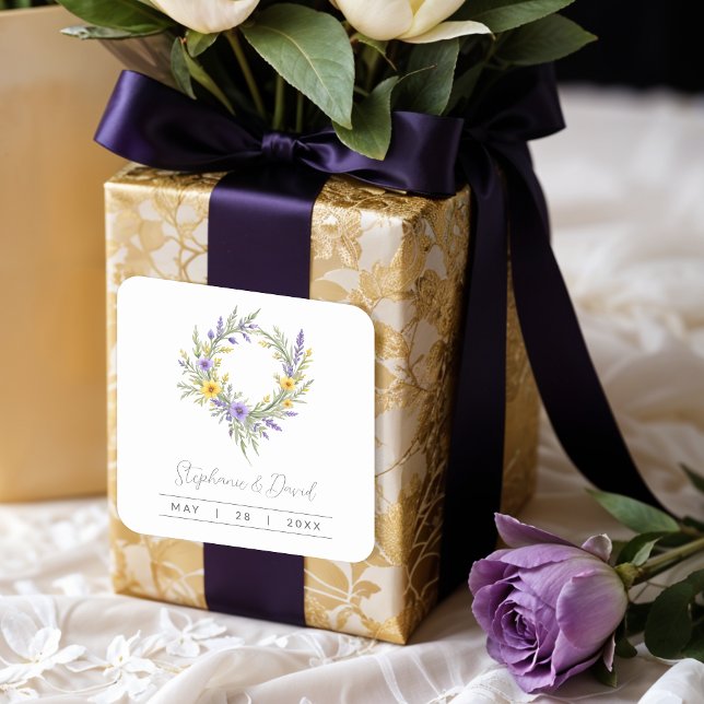 Romantic Minimal Wedding Yellow & Lavender Wreath Square Sticker (Romantic Minimal Wedding Yellow & Lavender Wreath Square Stickers.)