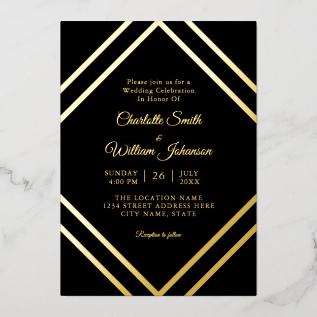 Romantic Minimalist Elegant Simple Black Gold Foil Invitation (Front)