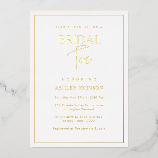 Romantic Minimalist Gold Script Bridal Tea Foil Invitation (Front)