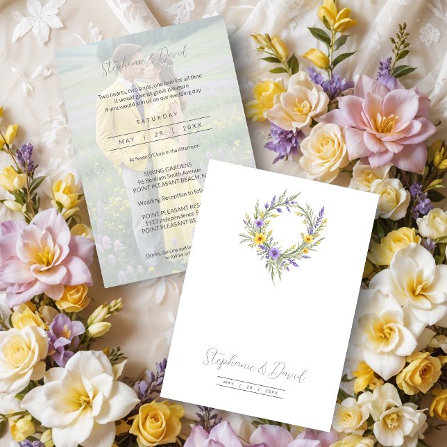 Romantic Minimalist Wedding Yellow Lavender Wreath Invitation (Romantic Minimalist Wedding Yellow & Lavender Wreath Photo Invitations Cards. )