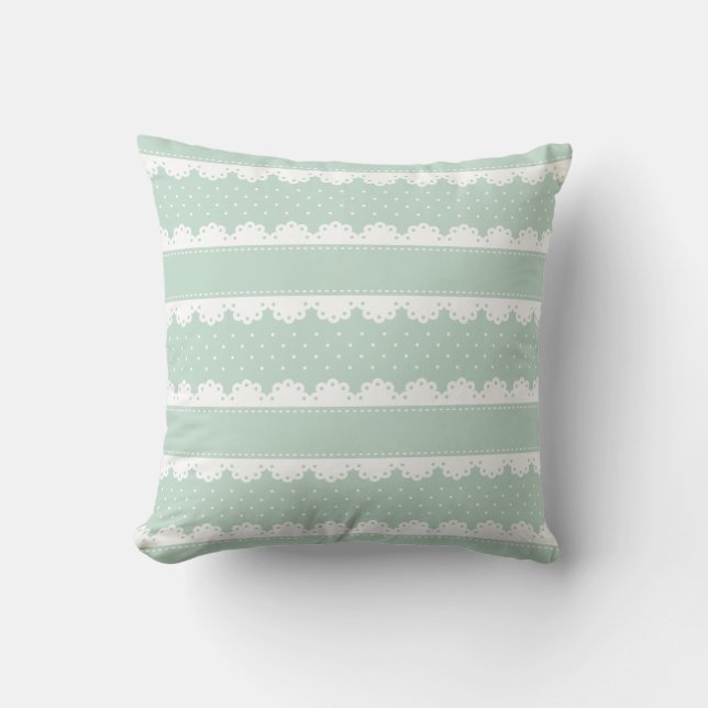 Romantic Mint and White Polka Dot Lace Pattern Throw Pillow (Front)