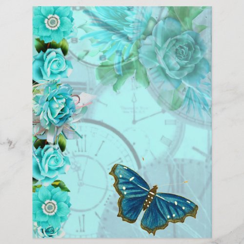 Romantic mint blue floral butterfly scrapbook pape