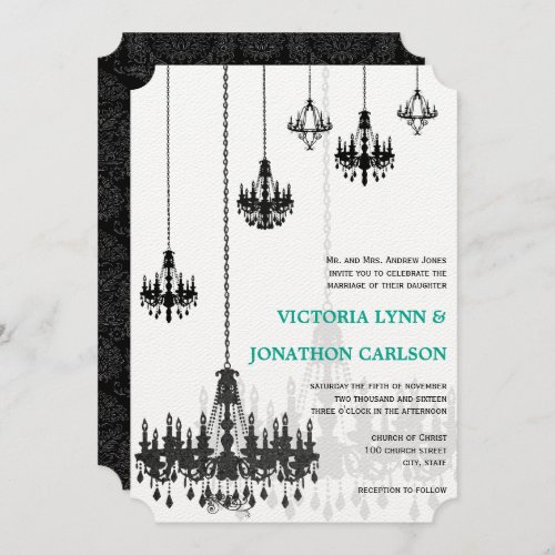 Romantic Mint Green Damask Chandeliers Wedding Invitation