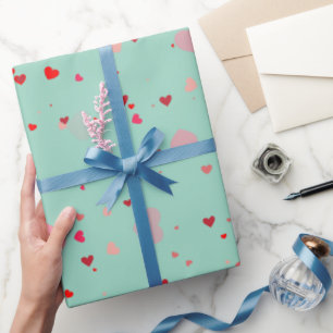 Romantic Mint Green Red Hearts Valentine  Wrapping Paper