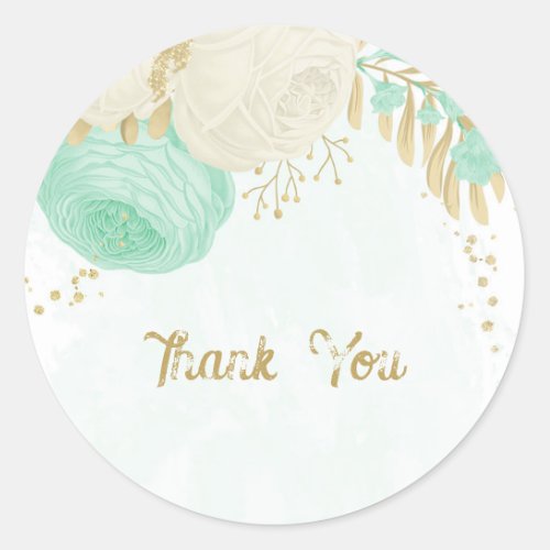 Romantic mint green  white flowers gold classic round sticker