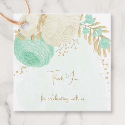 Romantic mint green  white flowers gold favor tags