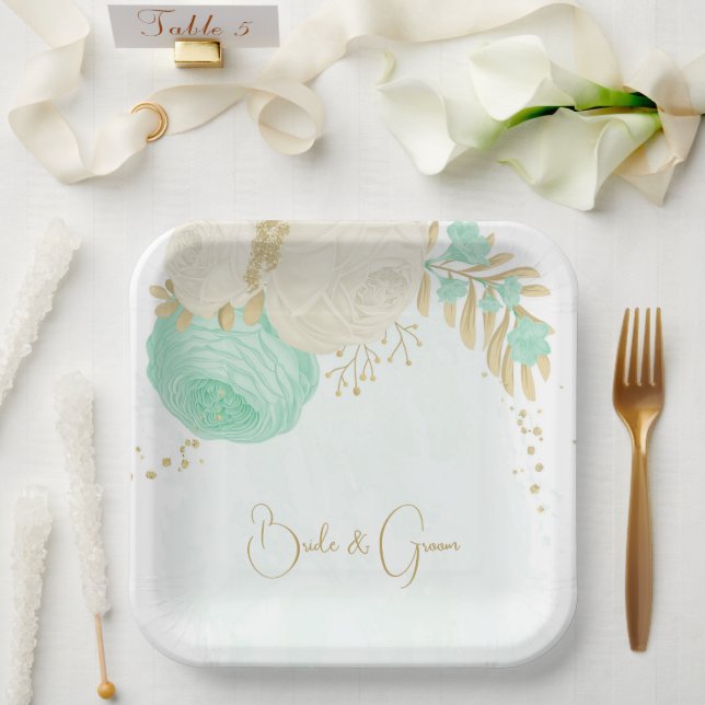 Romantic mint green & white flowers gold paper pla paper plates (Wedding)