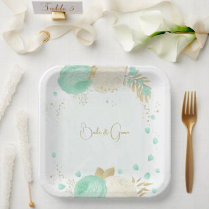 Romantic mint green & white flowers gold paper plates