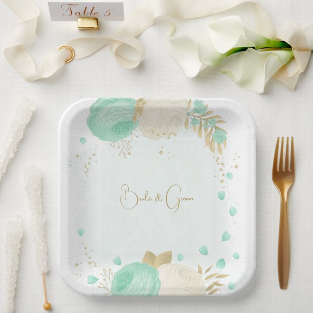 Romantic mint green & white flowers gold paper plates (Wedding)