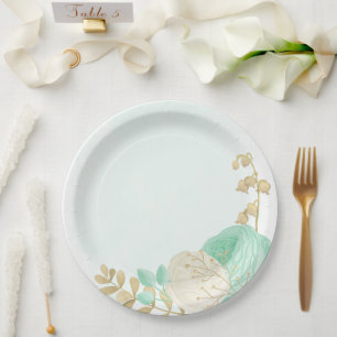 Romantic mint green & white flowers gold paper plates