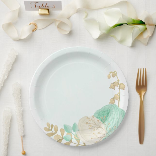 Romantic mint green & white flowers gold paper plates (Wedding)