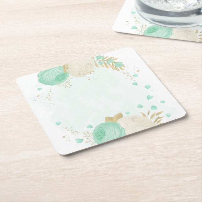 Romantic mint green & white flowers gold square paper coaster (Angled)
