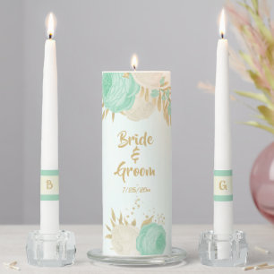 Romantic mint green & white flowers gold unity candle set