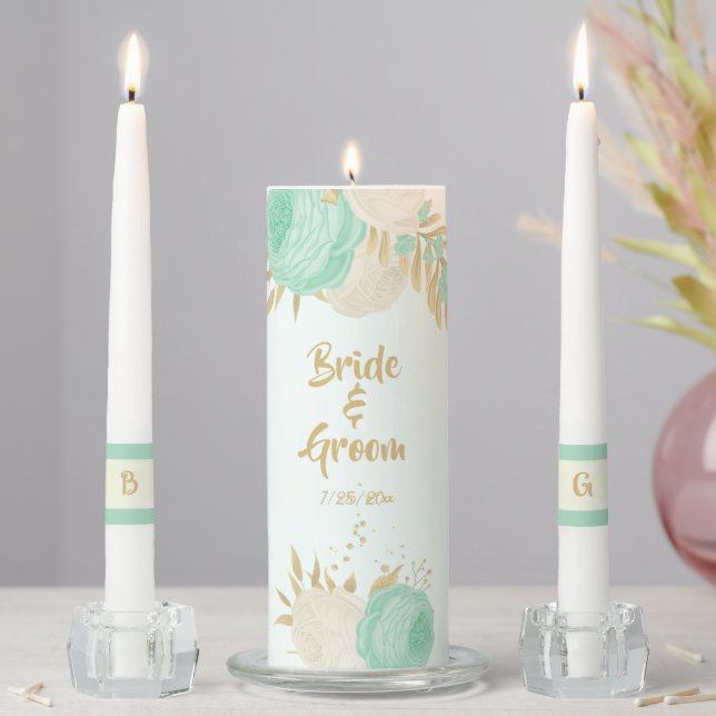Romantic mint green & white flowers gold unity candle set (In Situ)
