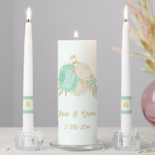 Romantic mint green & white flowers gold unity candle set