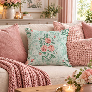 Romantic Mint Pink Shabby Chic Roses Pillow Cover