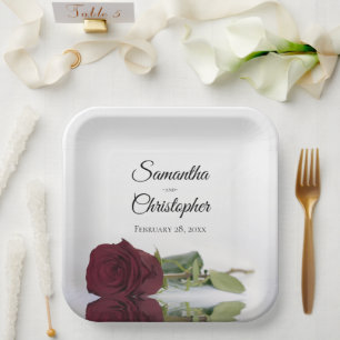 Romantic Mirrored Burgundy Rose Elegant Wedding Paper Plates