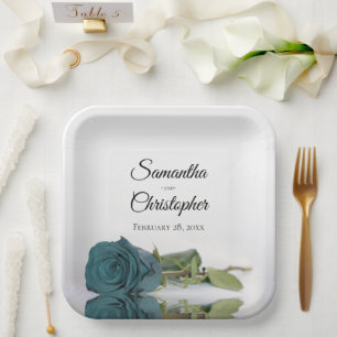 Romantic Mirrored Dusty Teal Rose Elegant Wedding Paper Plates
