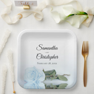 Romantic Mirrored Light Blue Rose Elegant Wedding Paper Plates
