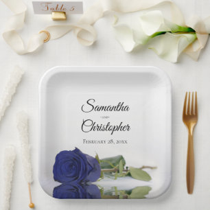 Romantic Mirrored Navy Blue Rose Elegant Wedding Paper Plates