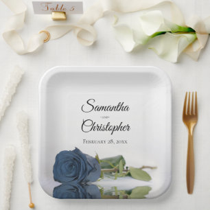 Romantic Mirrored Steel Blue Rose Elegant Wedding Paper Plates