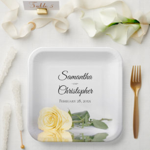 Romantic Mirrored Yellow Rose Elegant Wedding Paper Plates
