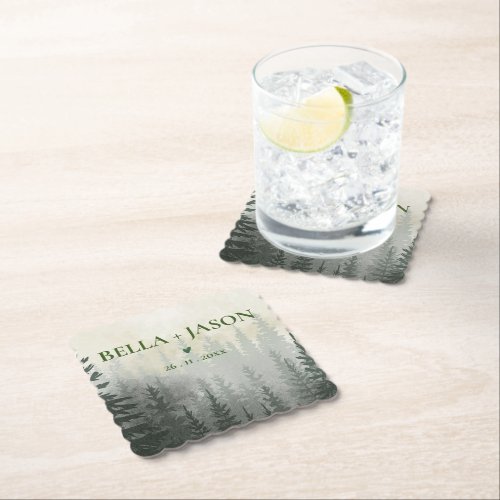 Romantic Misty Forest Trees Wedding Party  Square  Paper Coaster
