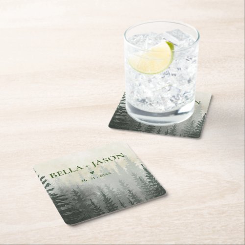 Romantic Misty Forest Trees Wedding Party  Square Paper Coaster