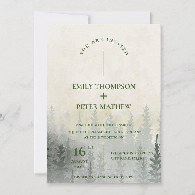 Romantic Misty Forest Watercolor Trees Wedding Invitation (Front)