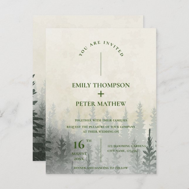 Romantic Misty Forest Watercolor Trees Wedding Postcard (Front/Back)