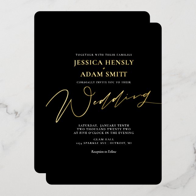 Romantic Modern Black and Gold Wedding Foil Invita Foil Invitation (Front/Back)