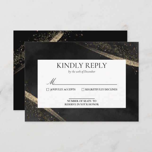 Romantic Modern Black and Gold Wedding RSVP Card (Front/Back)