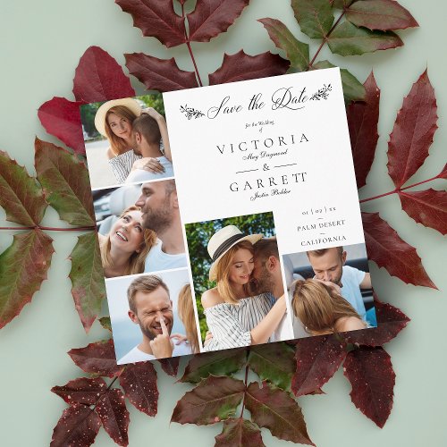 Romantic Modern Branches Collage 5 Photos Couple Save The Date