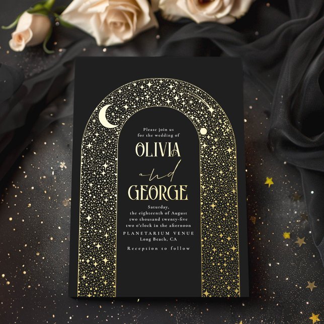 Romantic Modern Celestial Wedding Black Gold Foil Invitation (Celestial Wedding Invitation)