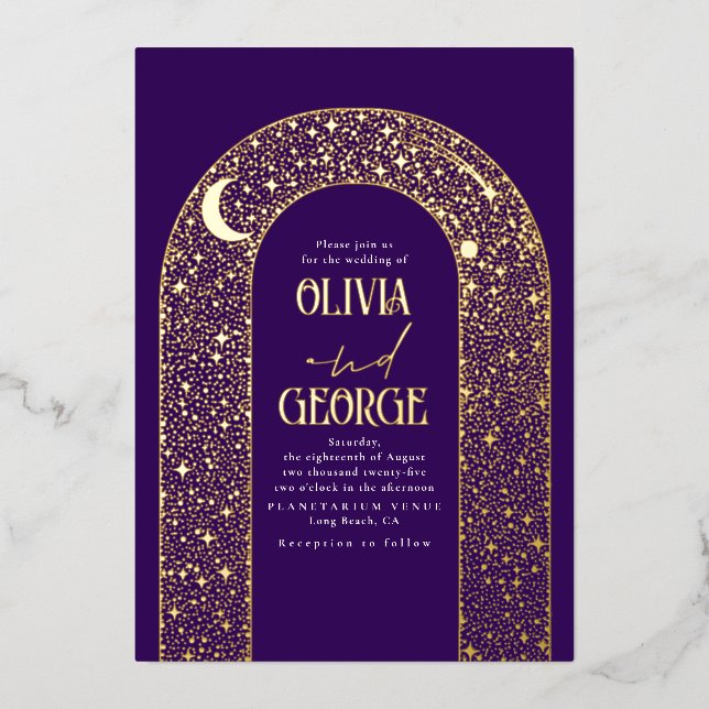 Romantic Modern Celestial Wedding Purple & Gold Foil Invitation (Front)
