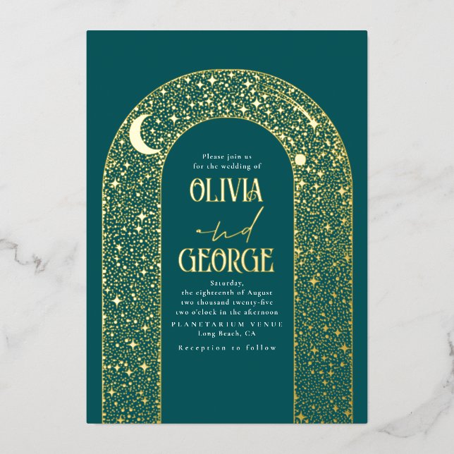 Romantic Modern Celestial Wedding Teal Blue Gold Foil Invitation (Front)