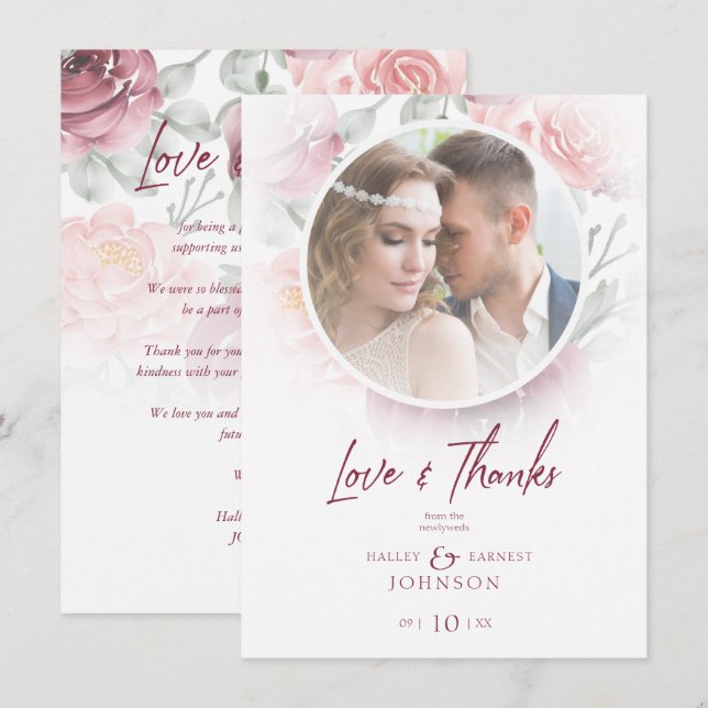 Romantic Modern Classic Floral Pink Shades Photo Thank You Card (Front/Back)