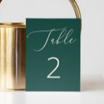 Romantic Modern Deep Emerald Green Script Wedding Table Number<br><div class="desc">Add a touch of bold elegance to your reception with this deep emerald green wedding table number. The rich, saturated background is paired with delicate white script and clean typography for a modern, refined look. This striking design is perfect for evening weddings, winter celebrations, or formal events where sophisticated color...</div>