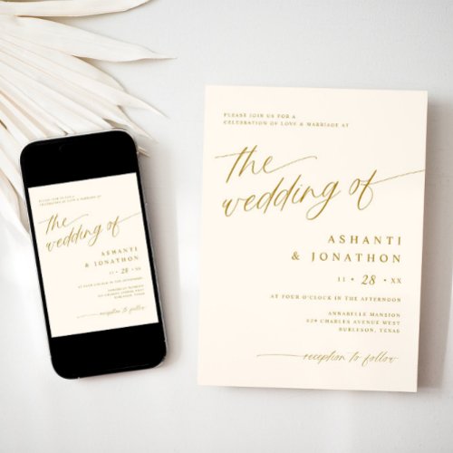 Romantic Modern Gold Ivory All in One Wedding Invitation