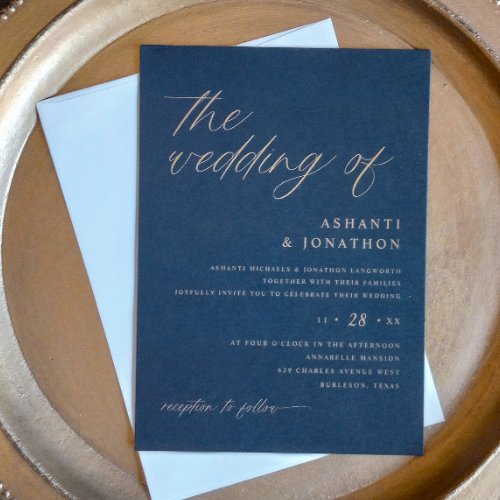 Romantic Modern Navy Blue and Gold Wedding Invitation